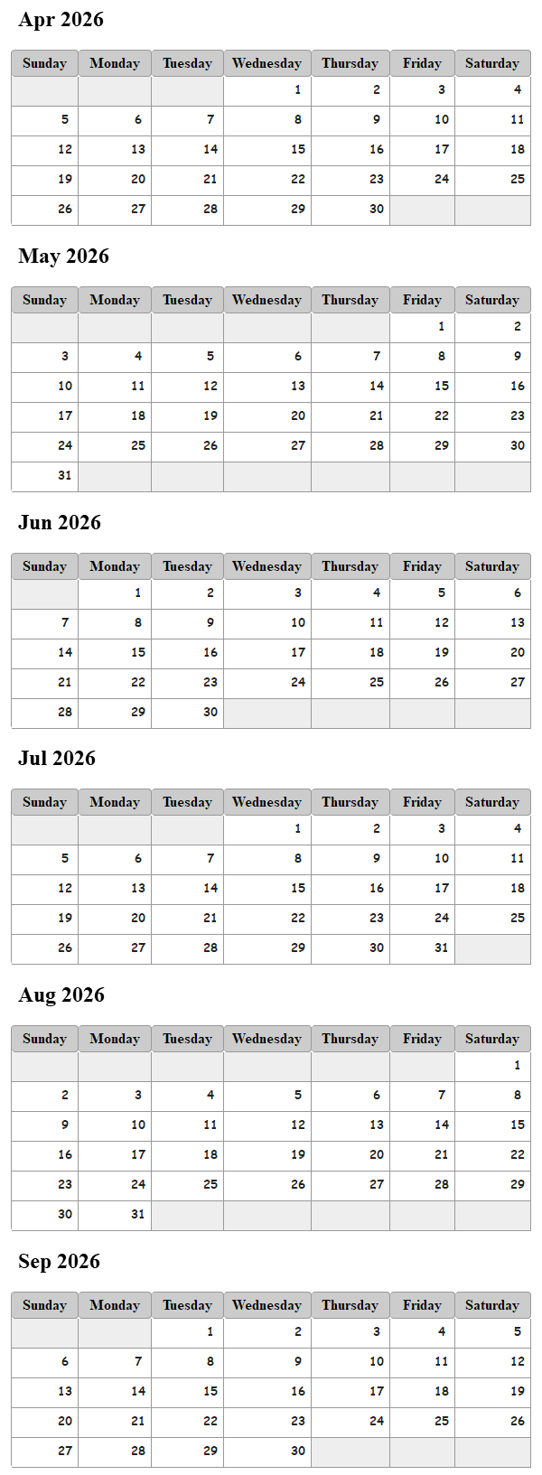  availability calendar